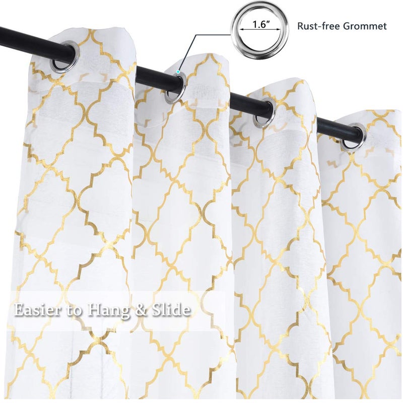 Kotile Gold White Sheer Curtains 95 Inch Length 2 Panels Metallic Foil Print Shimmer Sheer Curtains for Living Room, Grommet Privacy Light Filtering Elegant Window Curtains, W52 x L95 Inch - Image 2
